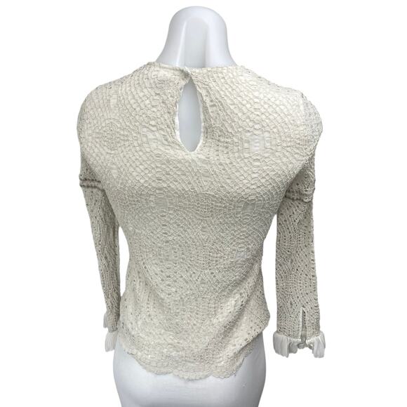 Massimo Dutti White Embroidered Mesh Ruffle Crew Long Sleeve Blouse Top Size 6 - Picture 2 of 4